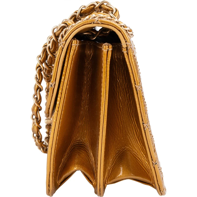Chanel Crinkled Stitched Patent Leather Chain Around Single Flap Shoulder Bag