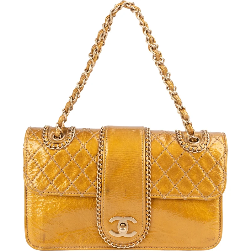 Chanel Crinkled Stitched Patent Leather Chain Around Single Flap Shoulder Bag