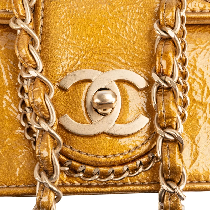Chanel Crinkled Stitched Patent Leather Chain Around Single Flap Shoulder Bag