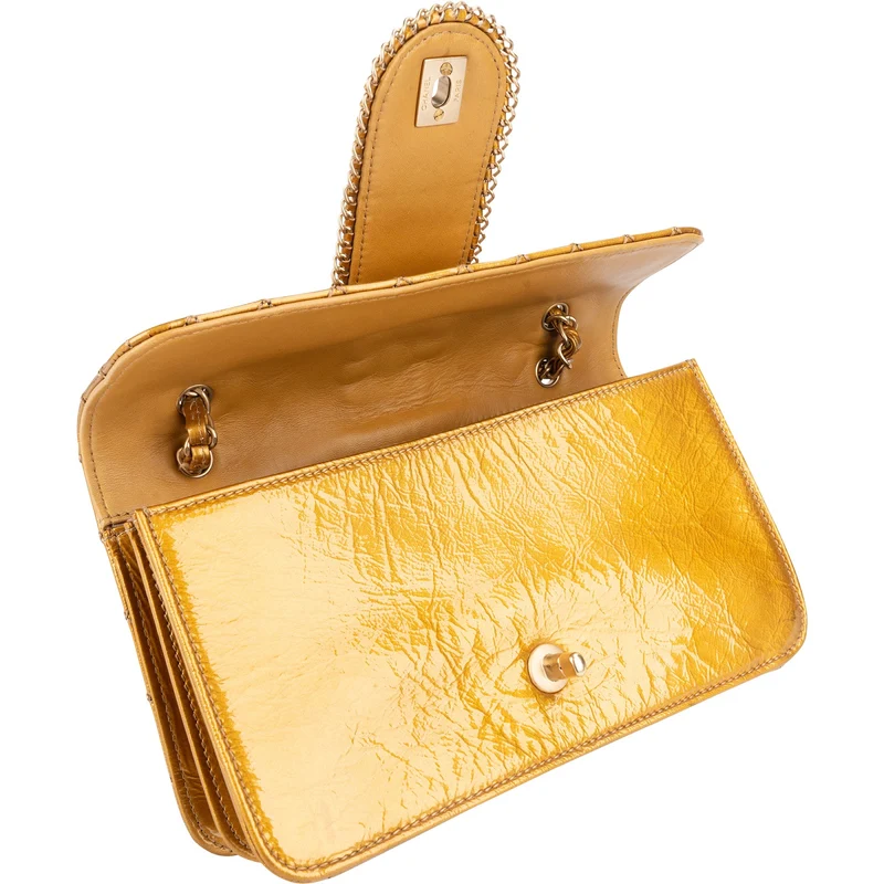 Chanel Crinkled Stitched Patent Leather Chain Around Single Flap Shoulder Bag