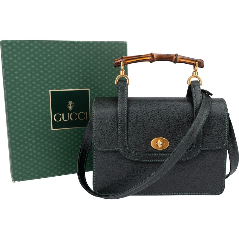 Gucci Grained Leather Bamboo Top Handle Turnlock Crossbody Handbag