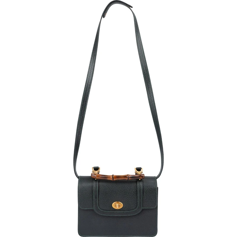 Gucci Grained Leather Bamboo Top Handle Turnlock Crossbody Handbag