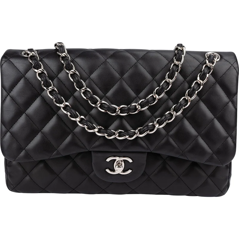 Chanel Quilted Lambskin Palladium Jumbo Double Flap Crossbody Bag