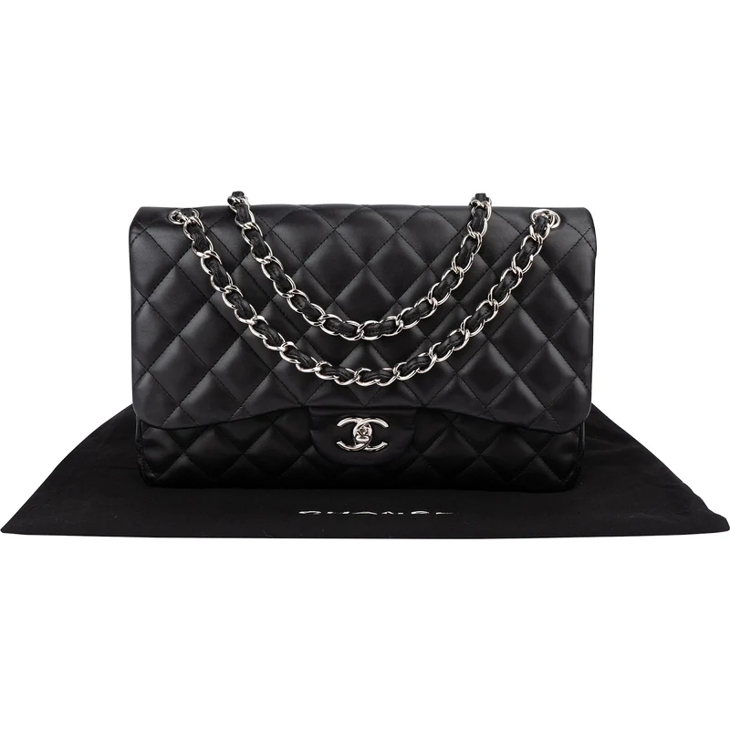 Chanel Quilted Lambskin Palladium Jumbo Double Flap Crossbody Bag