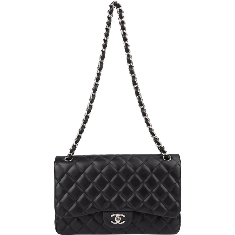 Chanel Quilted Lambskin Palladium Jumbo Double Flap Crossbody Bag
