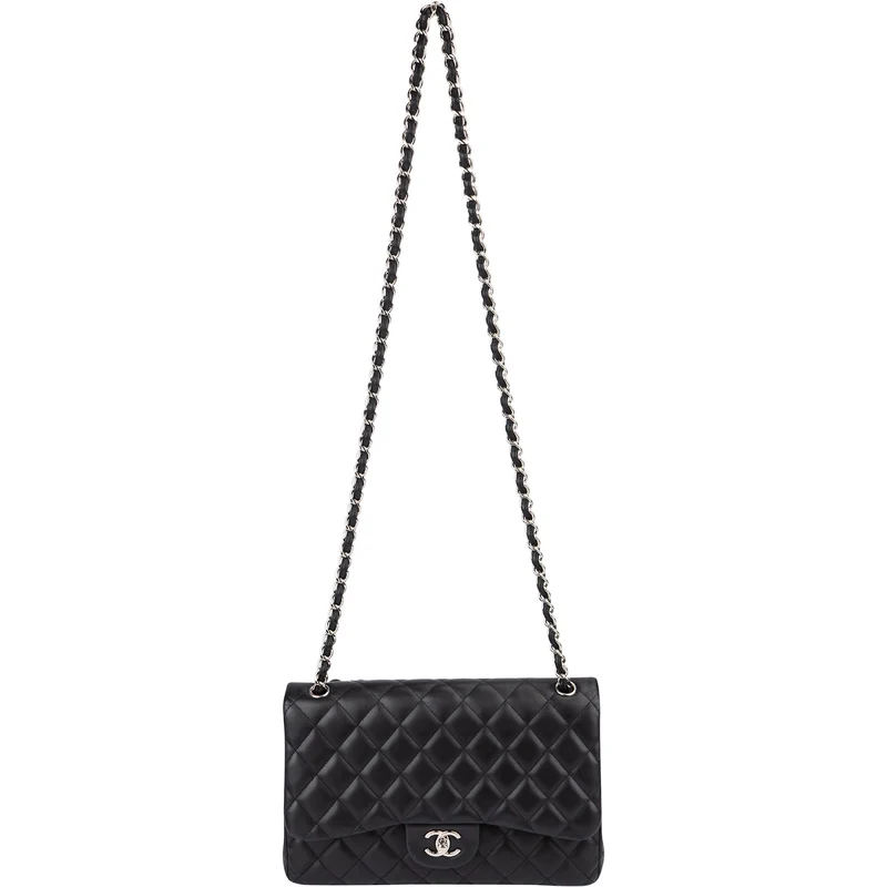 Chanel Quilted Lambskin Palladium Jumbo Double Flap Crossbody Bag
