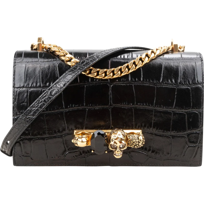 Alexander McQueen Croc-Embossed Leather Jewelled Knuckle Crossbody Bag