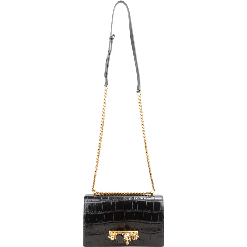 Alexander McQueen Croc-Embossed Leather Jewelled Knuckle Crossbody Bag