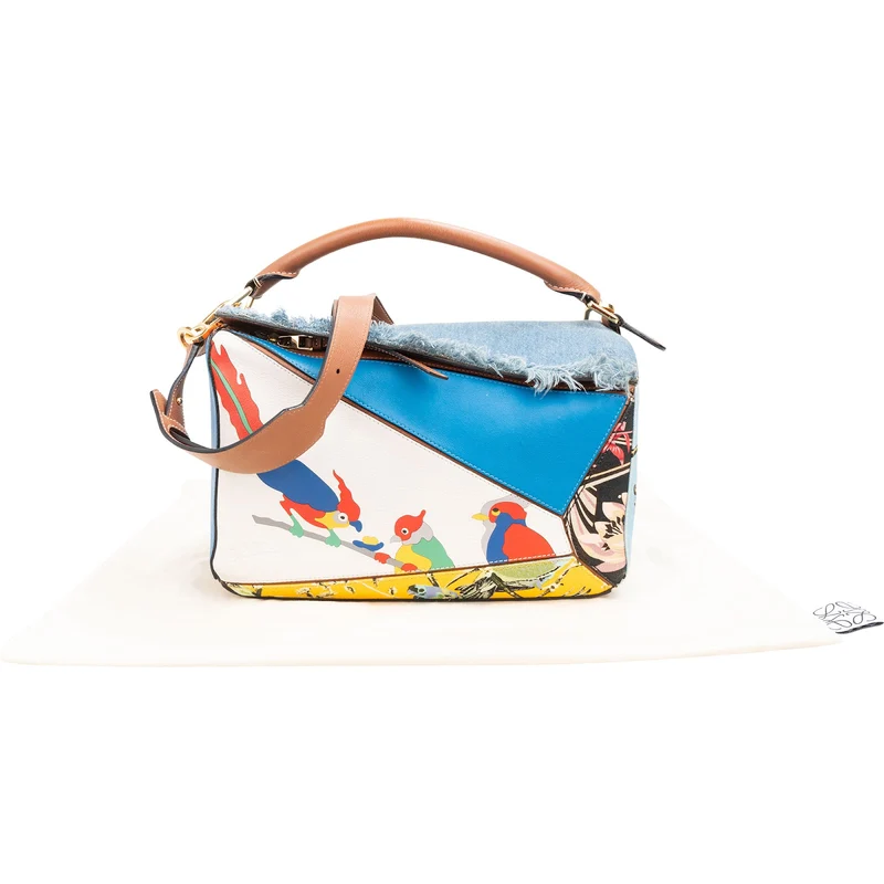 Loewe Limited "Paula's Ibiza Parrot" Print Leather & Denim Fringe Puzzle Handbag