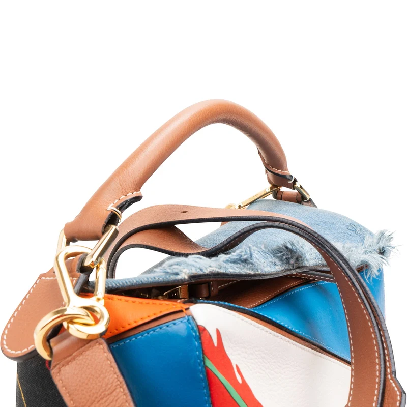 Loewe Limited "Paula's Ibiza Parrot" Print Leather & Denim Fringe Puzzle Handbag