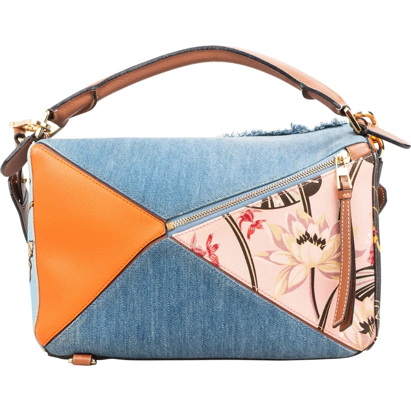Loewe Limited "Paula's Ibiza Parrot" Print Leather & Denim Fringe Puzzle Handbag