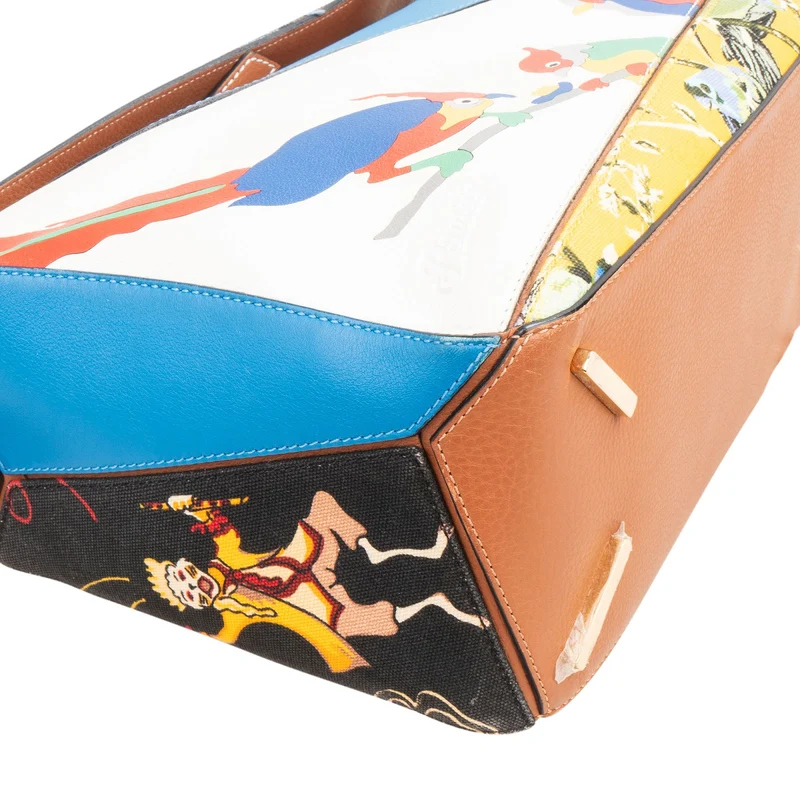 Loewe Limited "Paula's Ibiza Parrot" Print Leather & Denim Fringe Puzzle Handbag