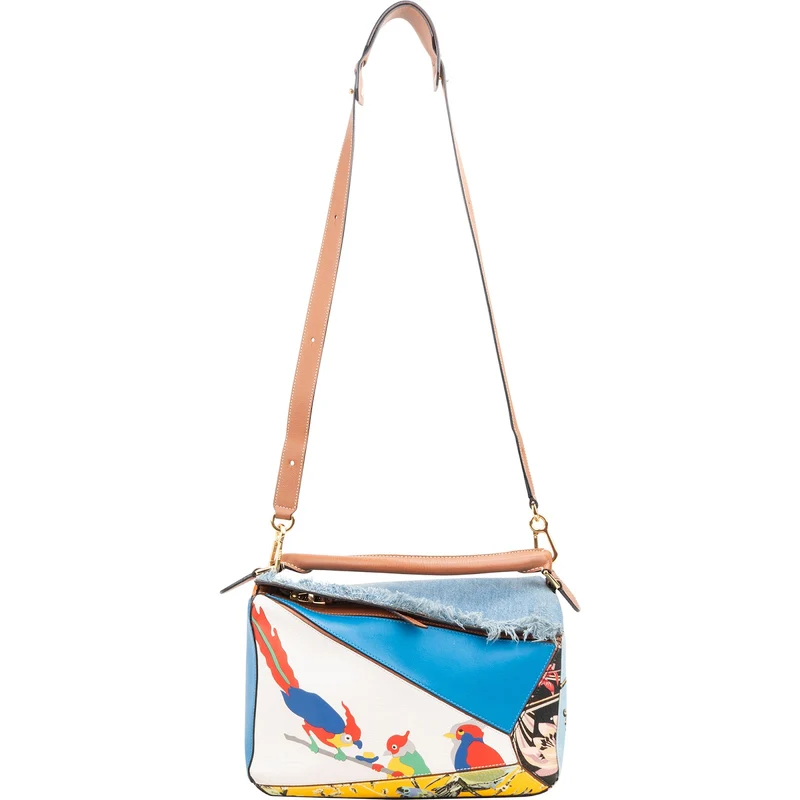 Loewe Limited "Paula's Ibiza Parrot" Print Leather & Denim Fringe Puzzle Handbag