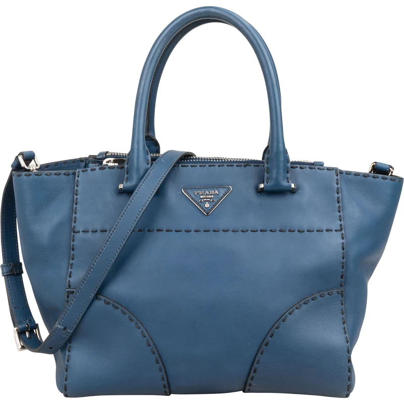 Prada Blue Stitched Calfskin Twin City Shopper Handbag