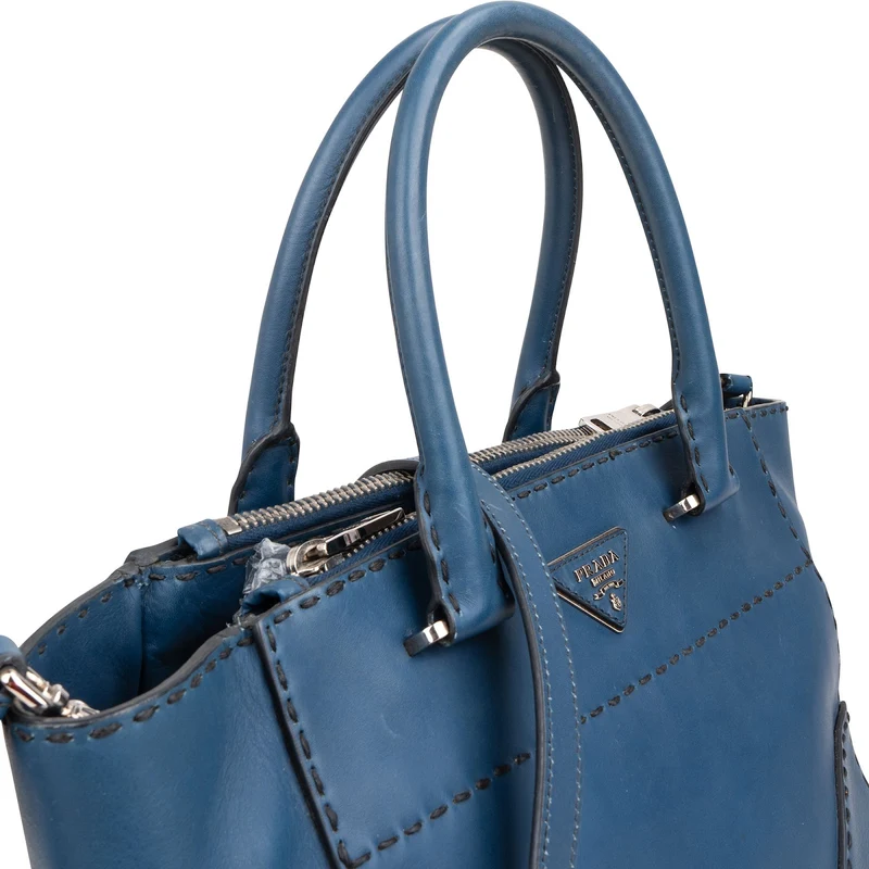 Prada Blue Stitched Calfskin Twin City Shopper Handbag