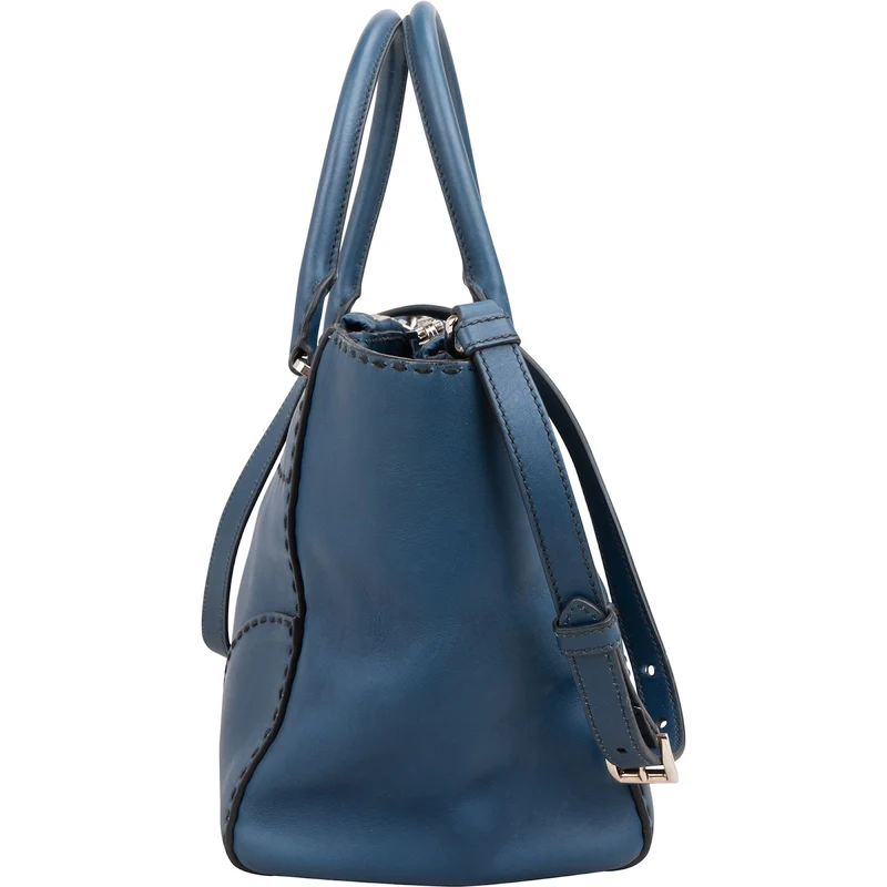 Prada Blue Stitched Calfskin Twin City Shopper Handbag