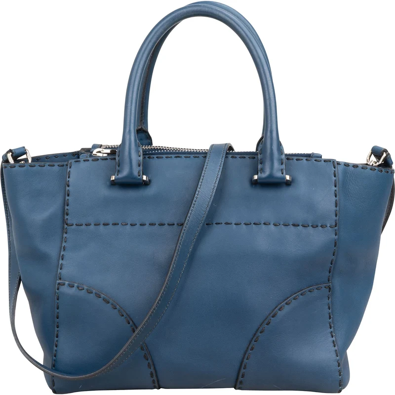 Prada Blue Stitched Calfskin Twin City Shopper Handbag