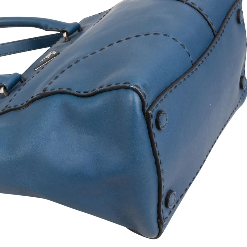 Prada Blue Stitched Calfskin Twin City Shopper Handbag