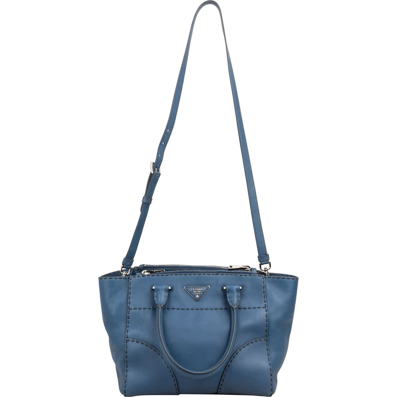Prada Blue Stitched Calfskin Twin City Shopper Handbag