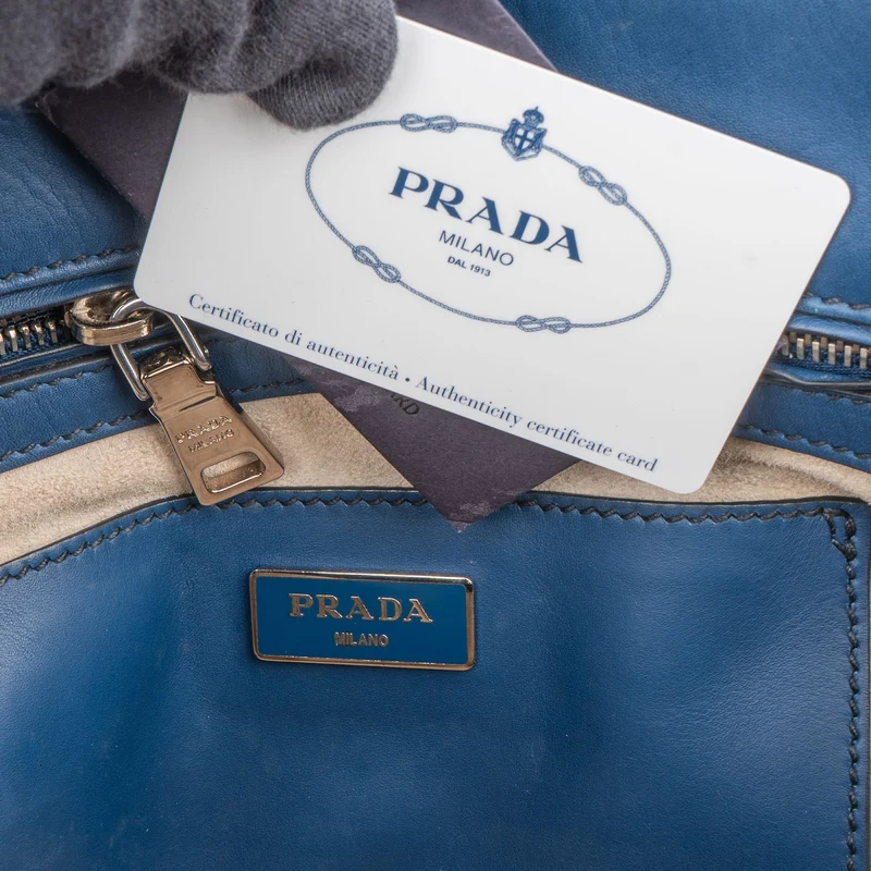 Prada Blue Stitched Calfskin Twin City Shopper Handbag