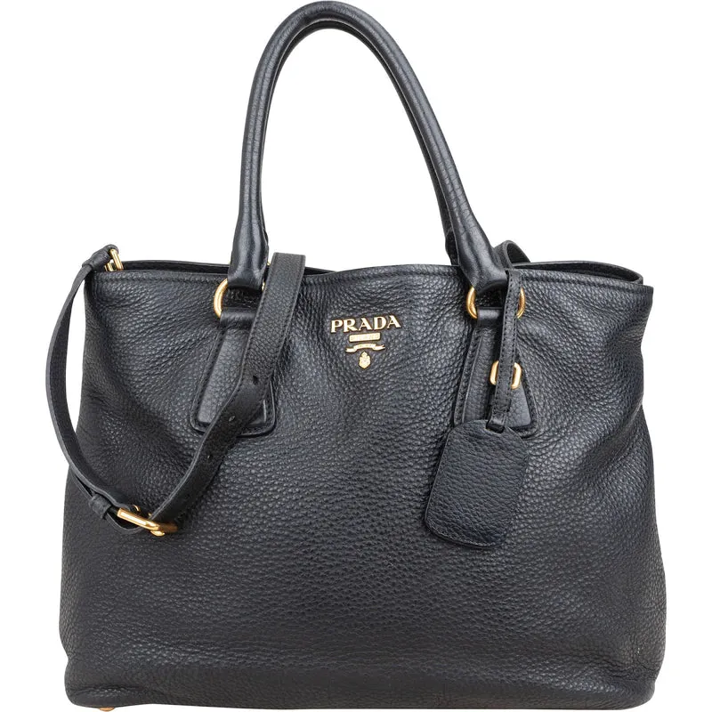 Prada Black Vitello Daino Leather Tote Handbag
