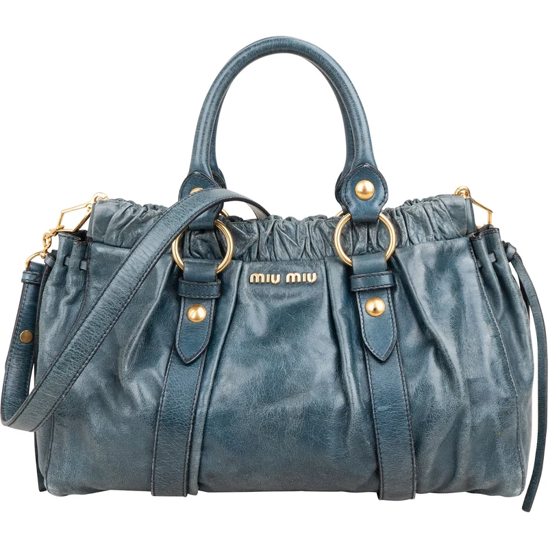 Miu Miu Blue Vitello Lux Leather Drawstring Satchel Handbag