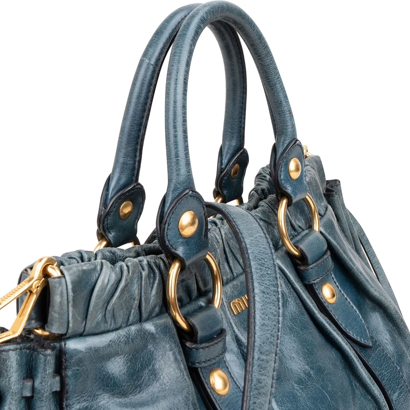 Miu Miu Blue Vitello Lux Leather Drawstring Satchel Handbag