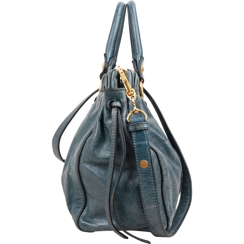 Miu Miu Blue Vitello Lux Leather Drawstring Satchel Handbag