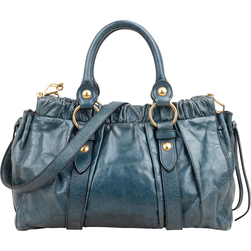 Miu Miu Blue Vitello Lux Leather Drawstring Satchel Handbag