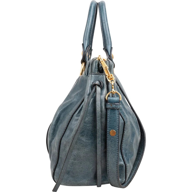 Miu Miu Blue Vitello Lux Leather Drawstring Satchel Handbag