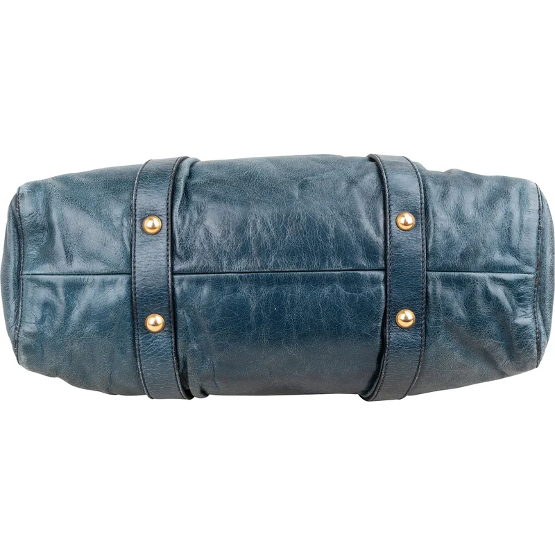 Miu Miu Blue Vitello Lux Leather Drawstring Satchel Handbag