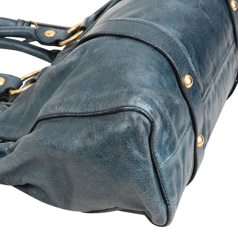 Miu Miu Blue Vitello Lux Leather Drawstring Satchel Handbag