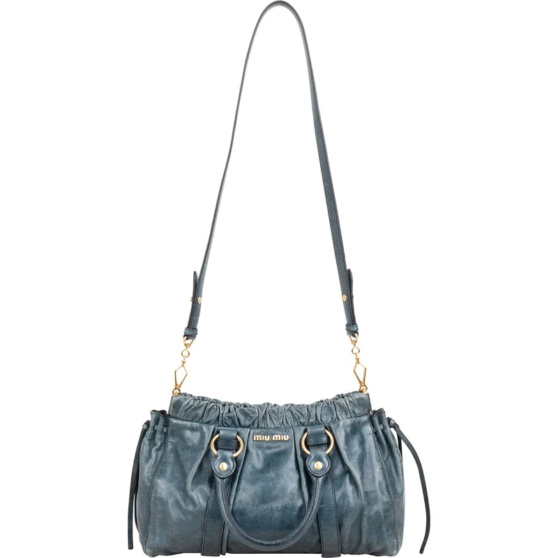 Miu Miu Blue Vitello Lux Leather Drawstring Satchel Handbag