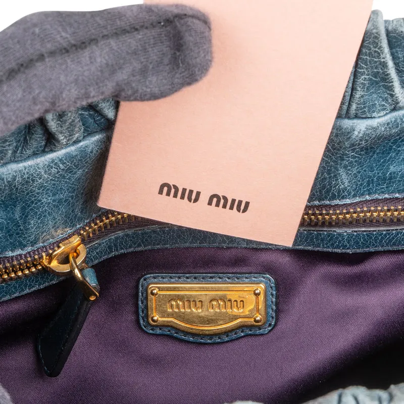 Miu Miu Blue Vitello Lux Leather Drawstring Satchel Handbag