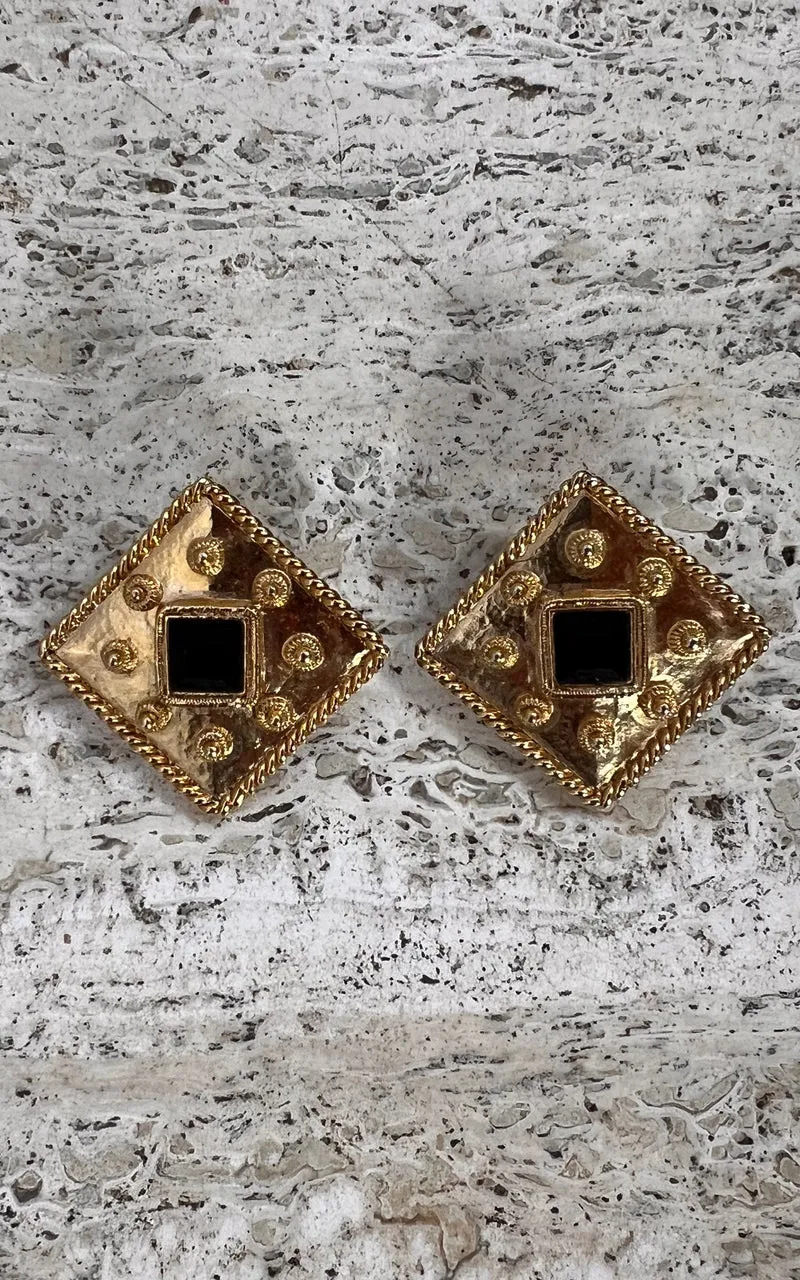 Vintage 90s Square Clip Ons with Black Stone Detail