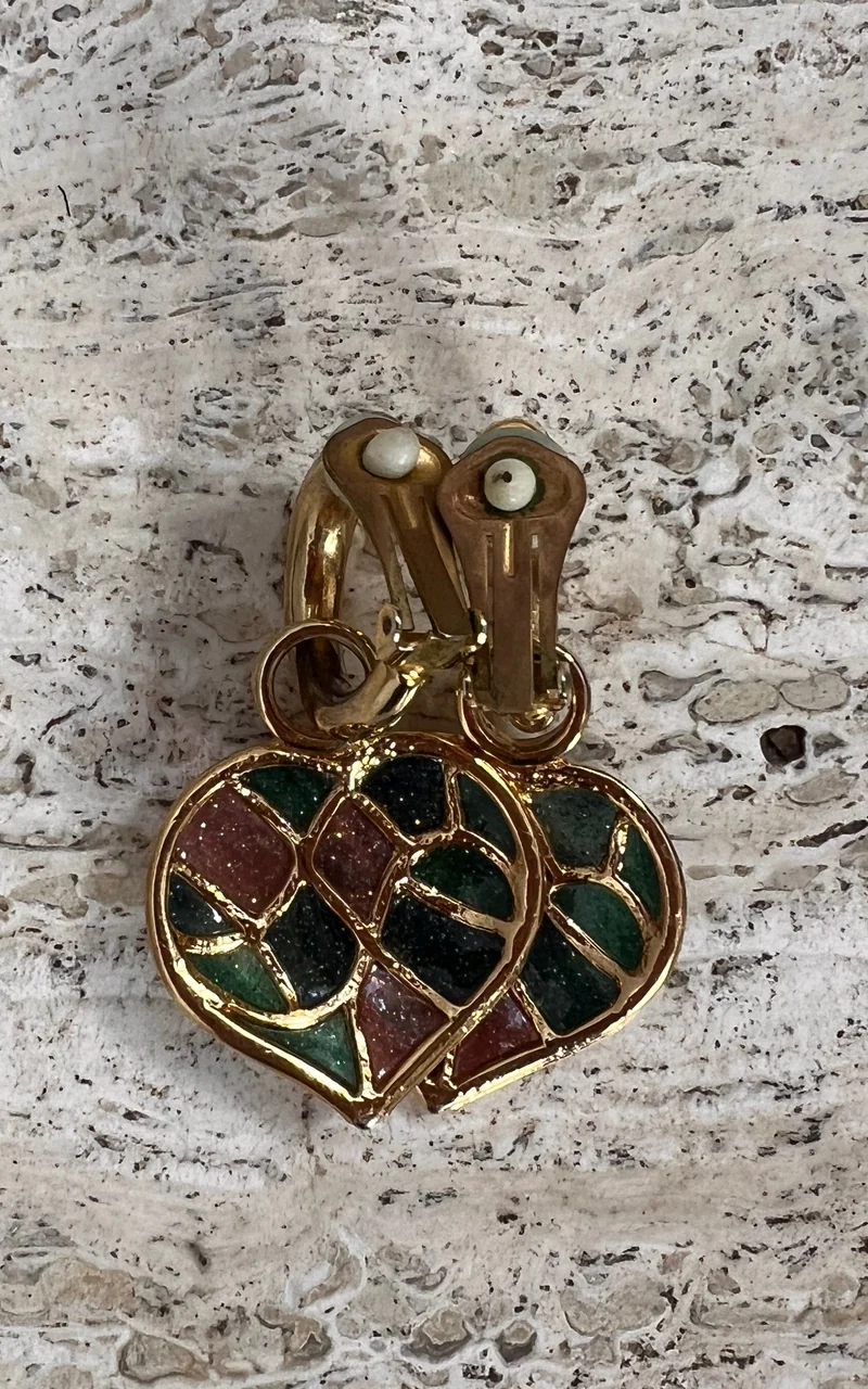 Vintage 90s Heart Drop Clip Ons - Mosaic Enamel