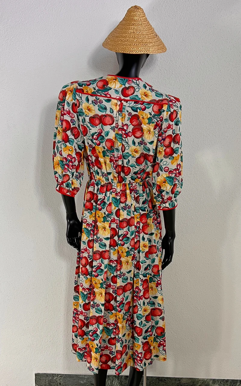 Vintage Austrian Fruit Print Midi Dress - Apple and Cherrys