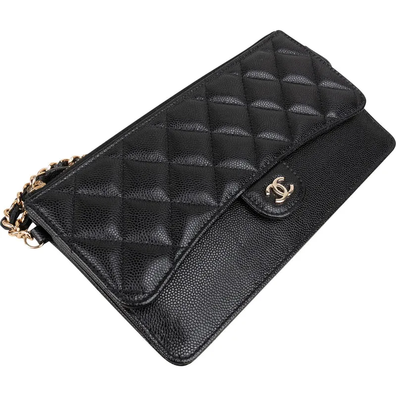 Chanel Quilted Caviar Leather Single Flap Zip Wallet Wristled Clutch