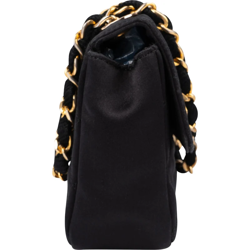 Chanel Black Quilted Satin 24K Gold Mini Single Flap Crossbody Bag