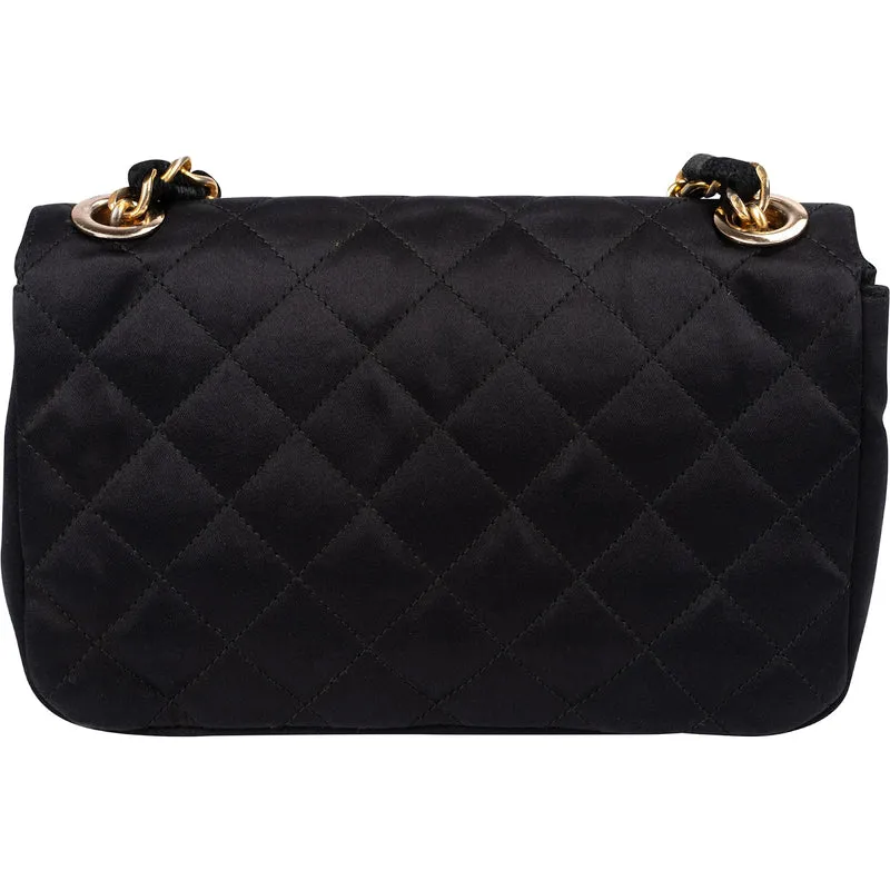 Chanel Black Quilted Satin 24K Gold Mini Single Flap Crossbody Bag