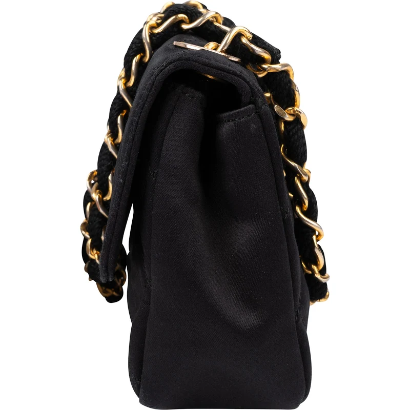 Chanel Black Quilted Satin 24K Gold Mini Single Flap Crossbody Bag