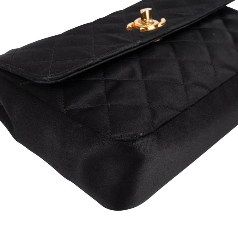 Chanel Black Quilted Satin 24K Gold Mini Single Flap Crossbody Bag