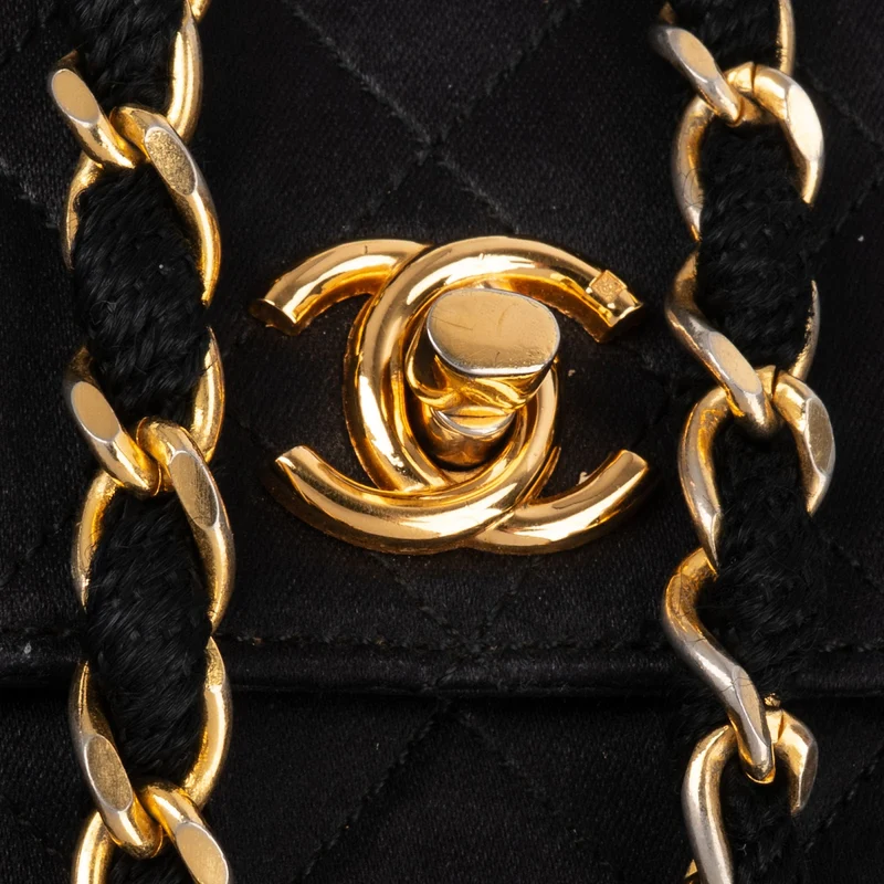 Chanel Black Quilted Satin 24K Gold Mini Single Flap Crossbody Bag