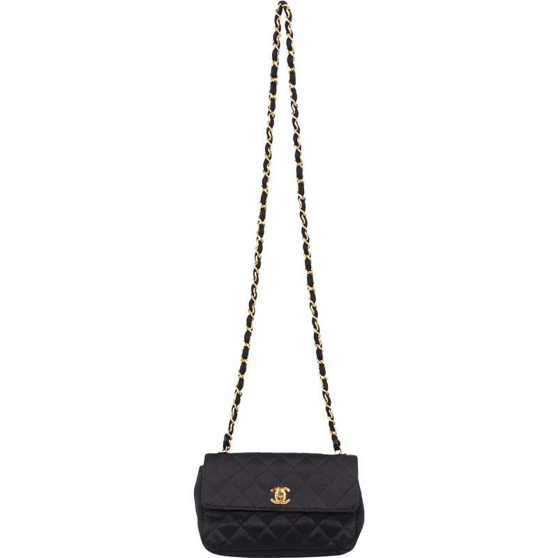 Chanel Black Quilted Satin 24K Gold Mini Single Flap Crossbody Bag