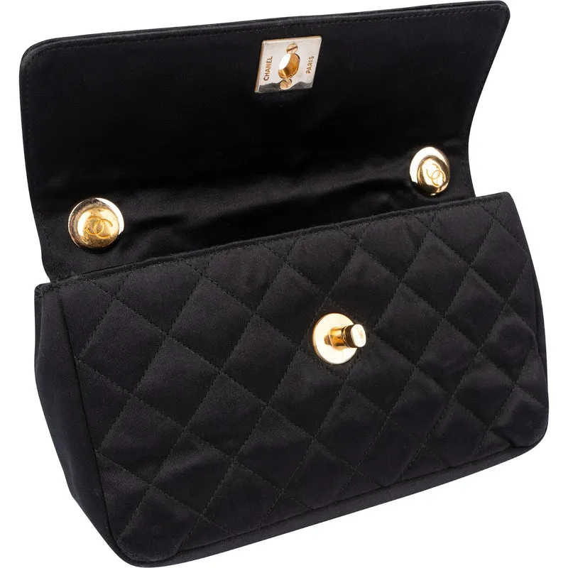 Chanel Black Quilted Satin 24K Gold Mini Single Flap Crossbody Bag