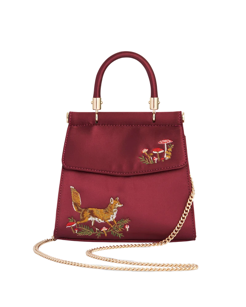 Fox & Mushroom Embroidered Burgundy Satin Tote