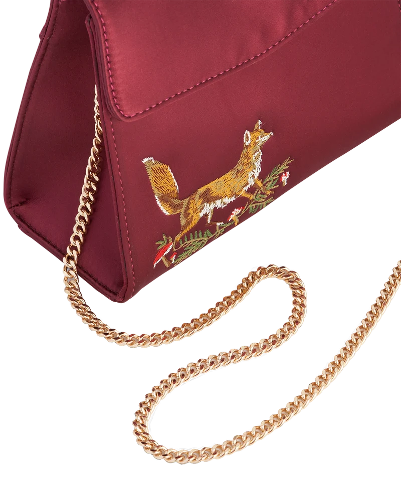 Fox & Mushroom Embroidered Burgundy Satin Tote