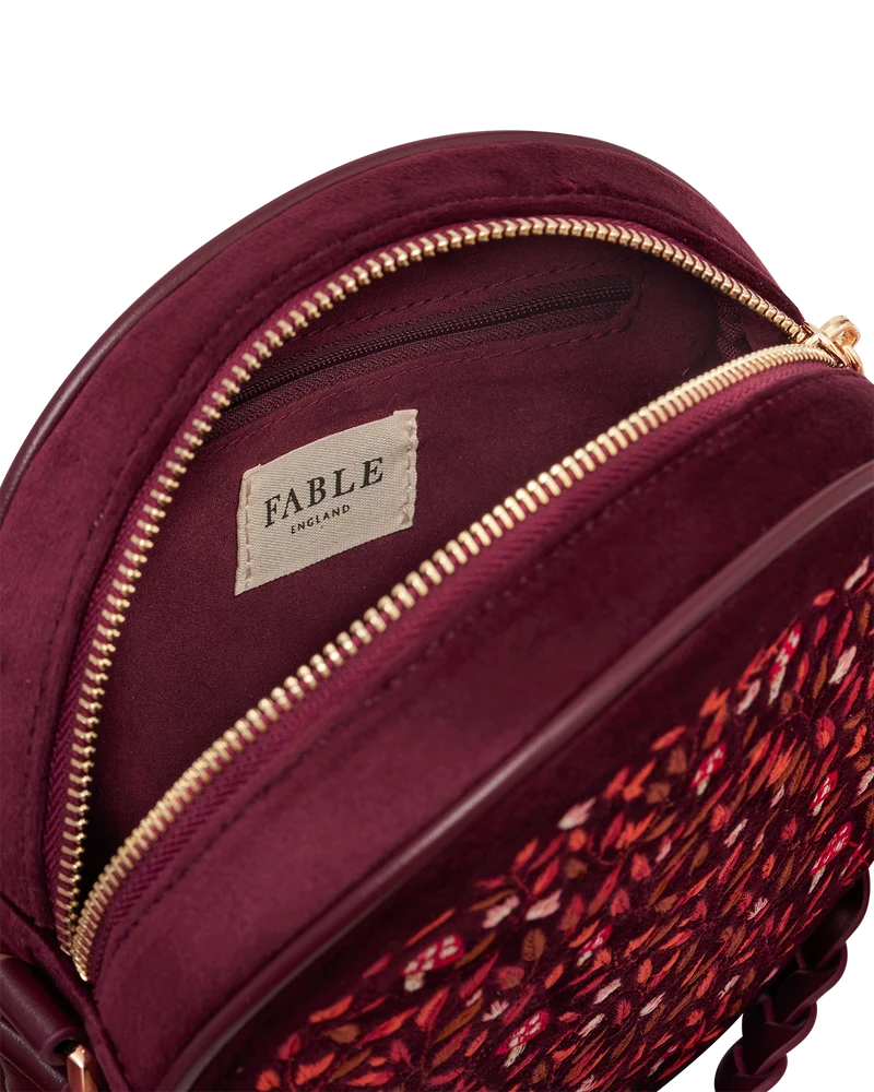 Magical Mushroom Embroidered Burgundy Velvet Circle Bag
