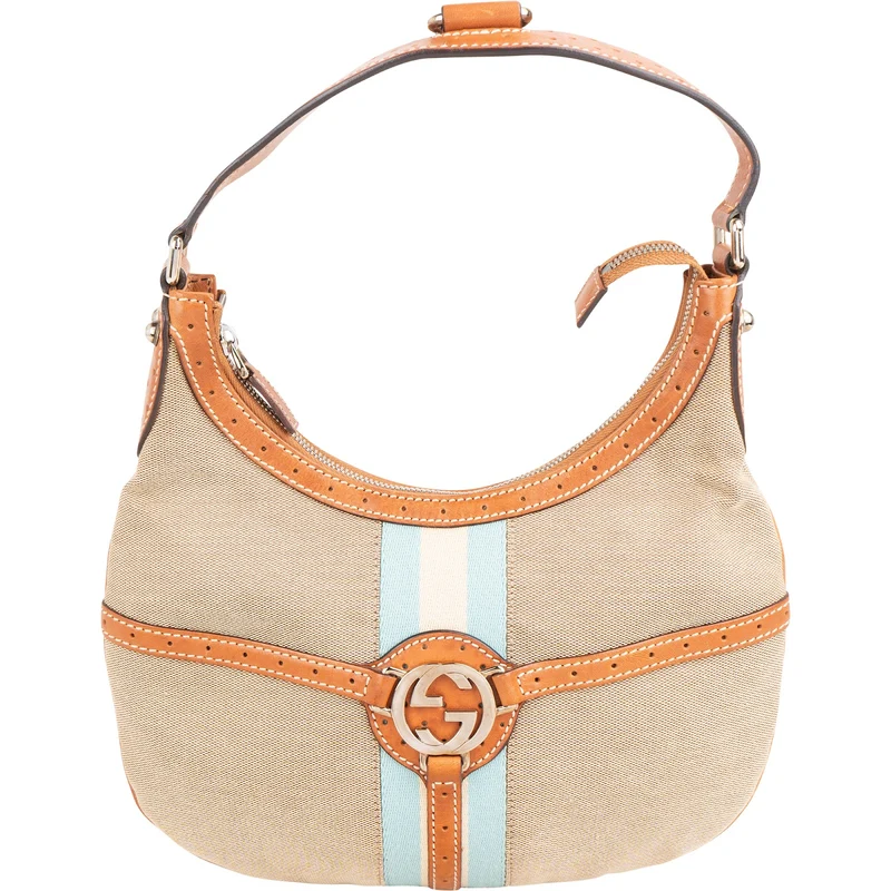 Gucci Canvas Perforated Leather Vintage Interlocking G Stripe Shoulder Bag