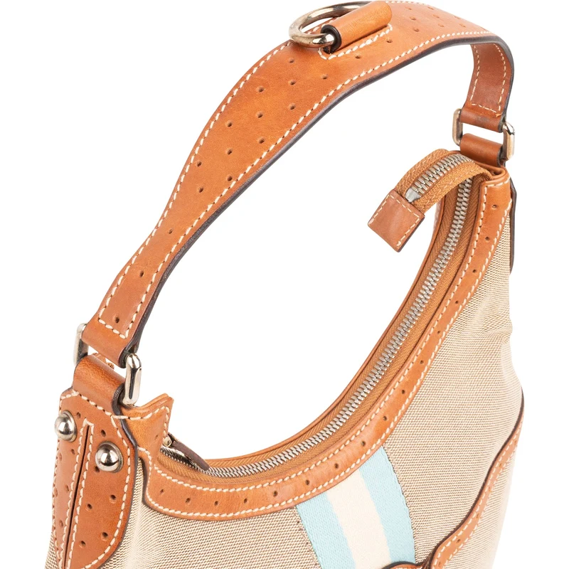 Gucci Canvas Perforated Leather Vintage Interlocking G Stripe Shoulder Bag